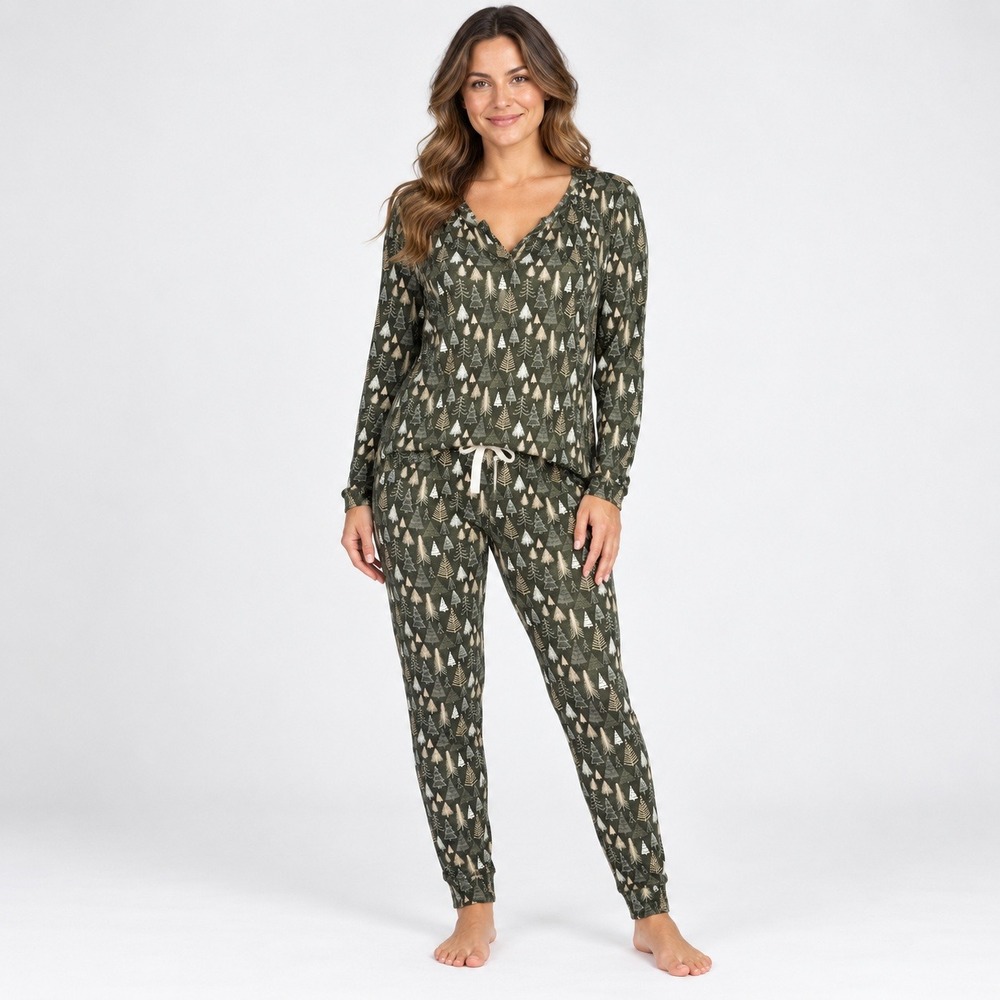 Current Tyed Women's L Bamboo Christmas Tree Pajama Set Green 2 Piece
